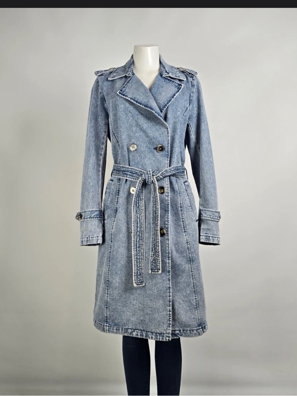 Vintage STOOSH-Light Wash Denim Trench Coat with Belt